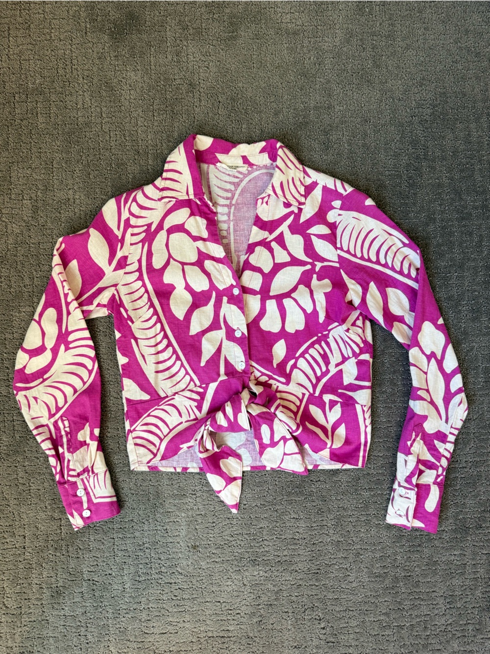 EUC Christian Siriano Hot Pink Tropical Cropped Tie-Waist Linen-blend shirt
